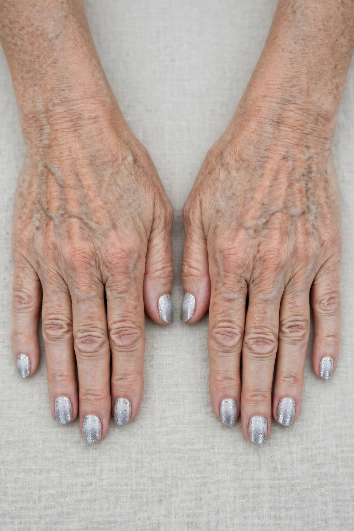 20 Icy Silver Frosted Nail Designs For Women Over 60 For Winter Weddings That Are Chic, Warm and Elegant 20 Short Oval Icy Silver Frosted Nail Designs with a glitter gradient finish and tiny gold dots