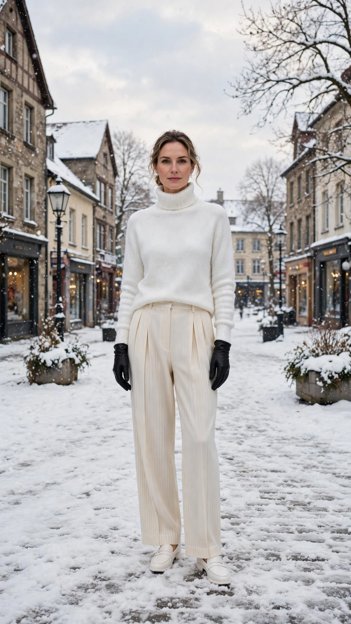 Soft White Turtleneck Sweater with Ivory Pleated Trousers and White Loafers