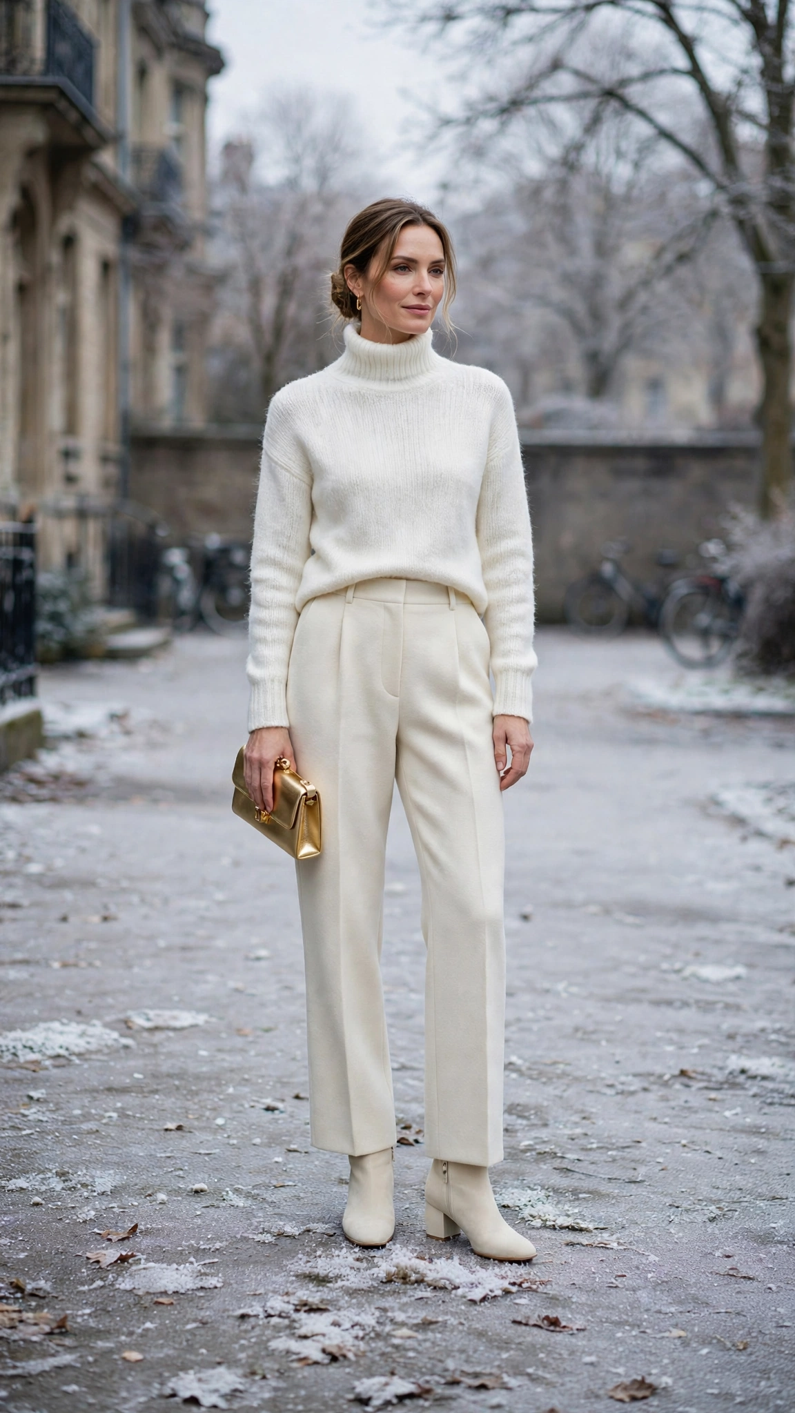 Soft White Turtleneck Sweater with Ivory Wool Trousers and Cream Ankle Boots