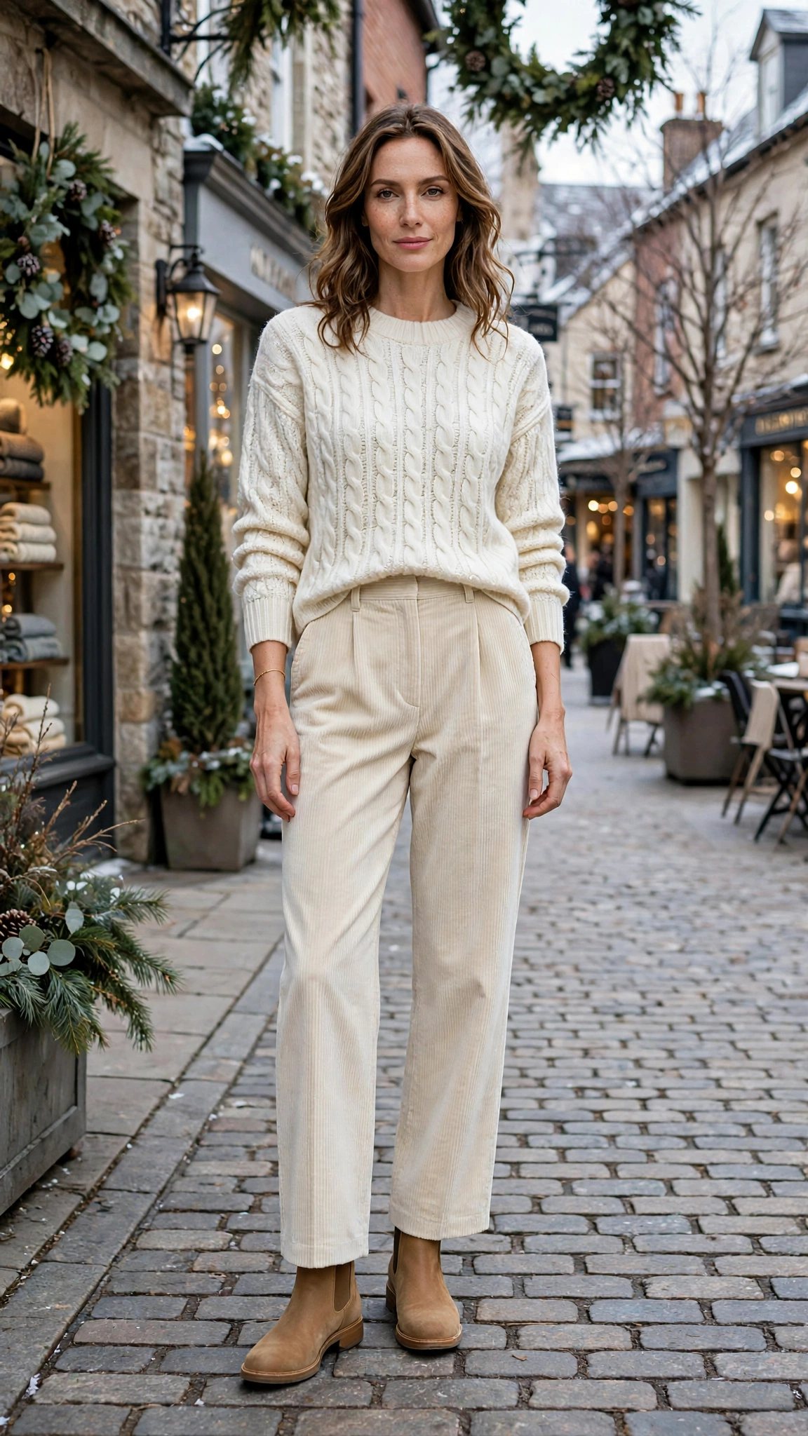 Ivory Knit Top with Cream Corduroy Trousers and Tan Boots
