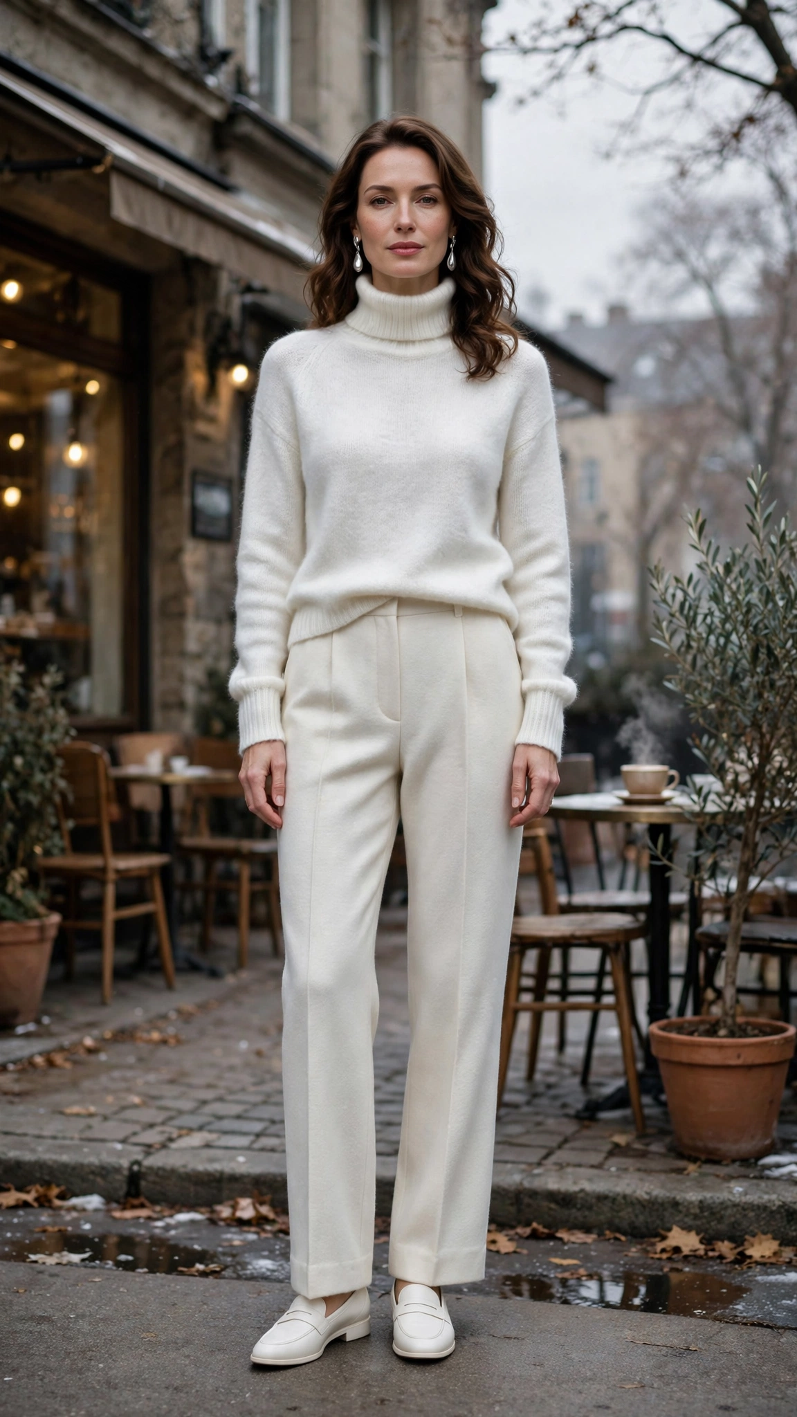 Soft White Turtleneck Sweater with Ivory Wool Trousers and White Loafers