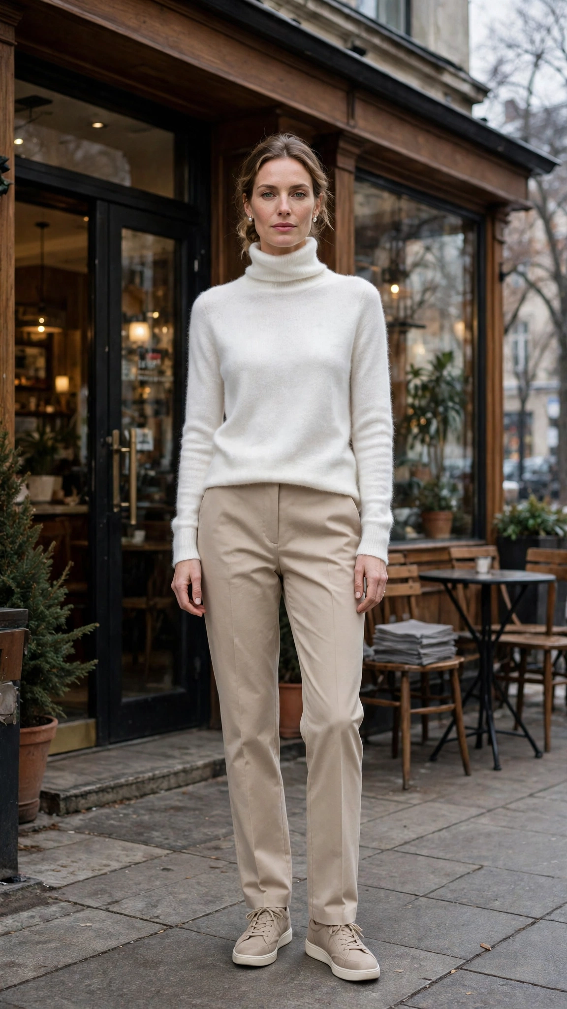 Soft White Turtleneck Sweater with Beige Trousers and Beige Sneakers