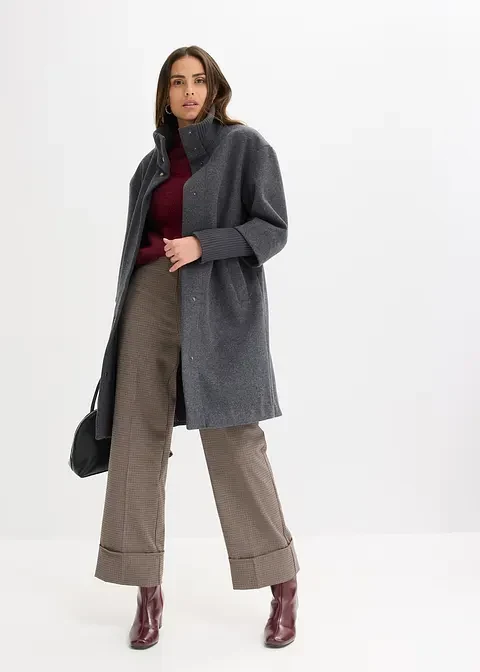 Burgundy Knit Sweater under a Grey Wool Coat with Grey Wide-leg Trousers and Burgundy Ankle Boots