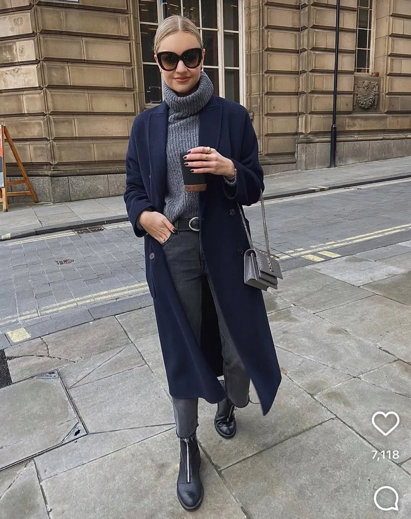 Grey Knit Sweater under a Navy Coat with Dark Jeans and Black Ankle Boots