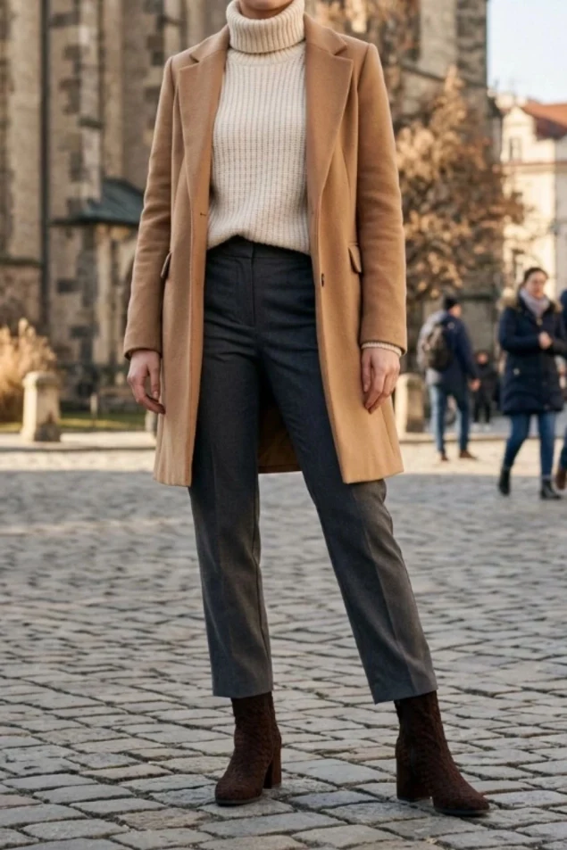 Cream Knit Sweater under a Camel Wool Coat with Grey Wide-leg Trousers and Brown Ankle Boots