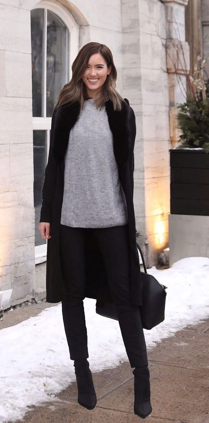 Grey Knit Sweater under a Black Wool Coat with Black Trousers and Black Ankle Boots