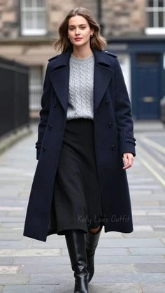 Grey Knit Sweater under a Navy Coat with Black Midi Skirt and Black Knee-high Boots