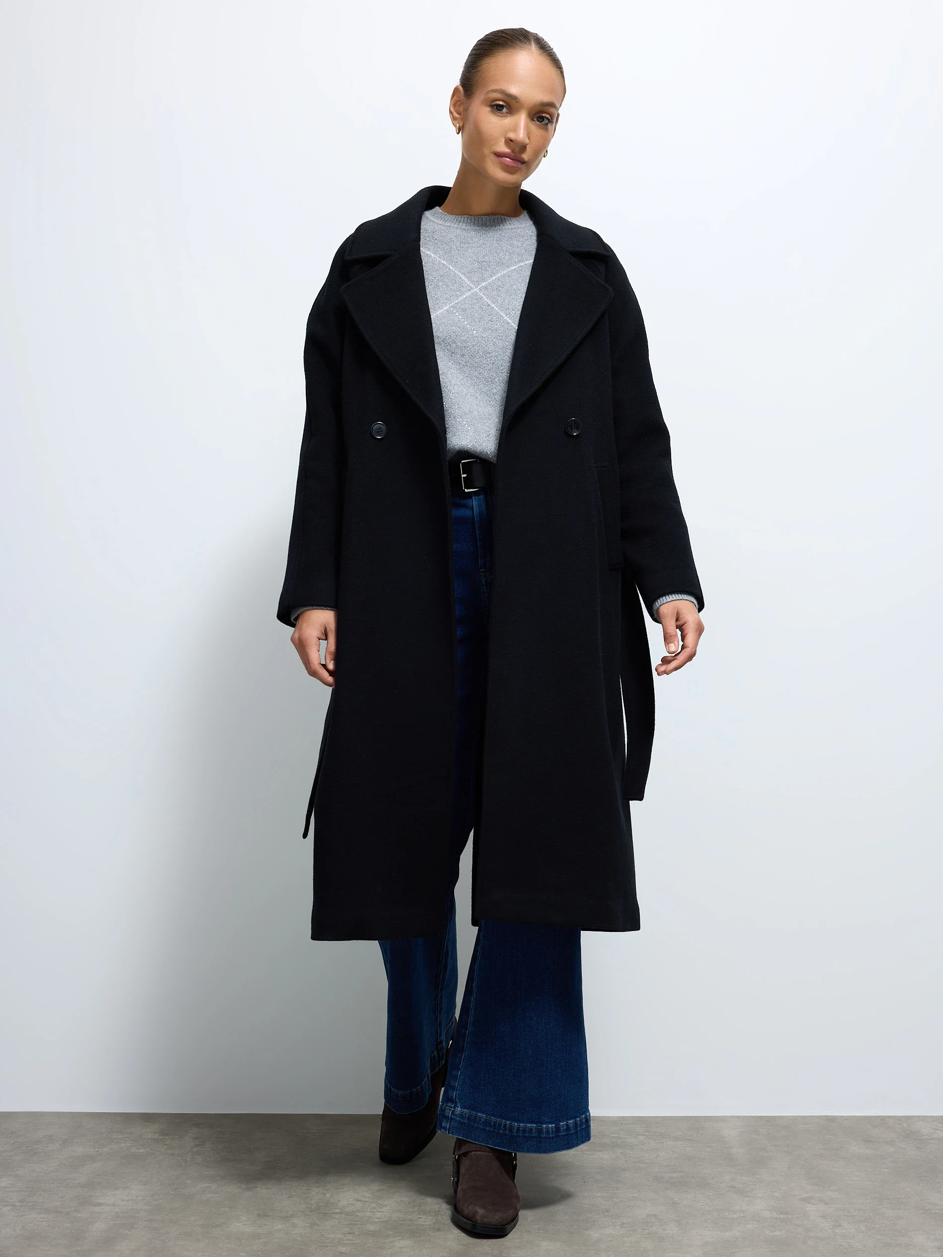 Grey Knit Sweater under a Black Wool Coat with Blue Jeans and Brown Ankle Boots