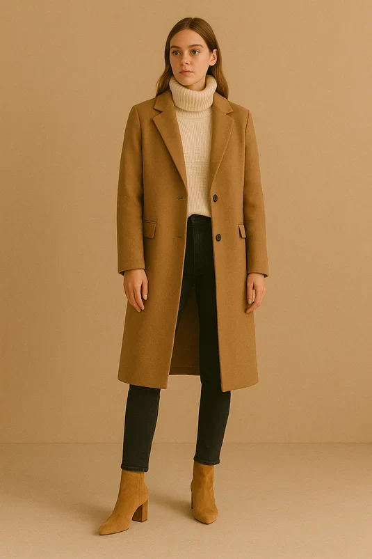 Cream Knit Sweater under a Camel Wool Coat with Charcoal Trousers and Tan Ankle Boots