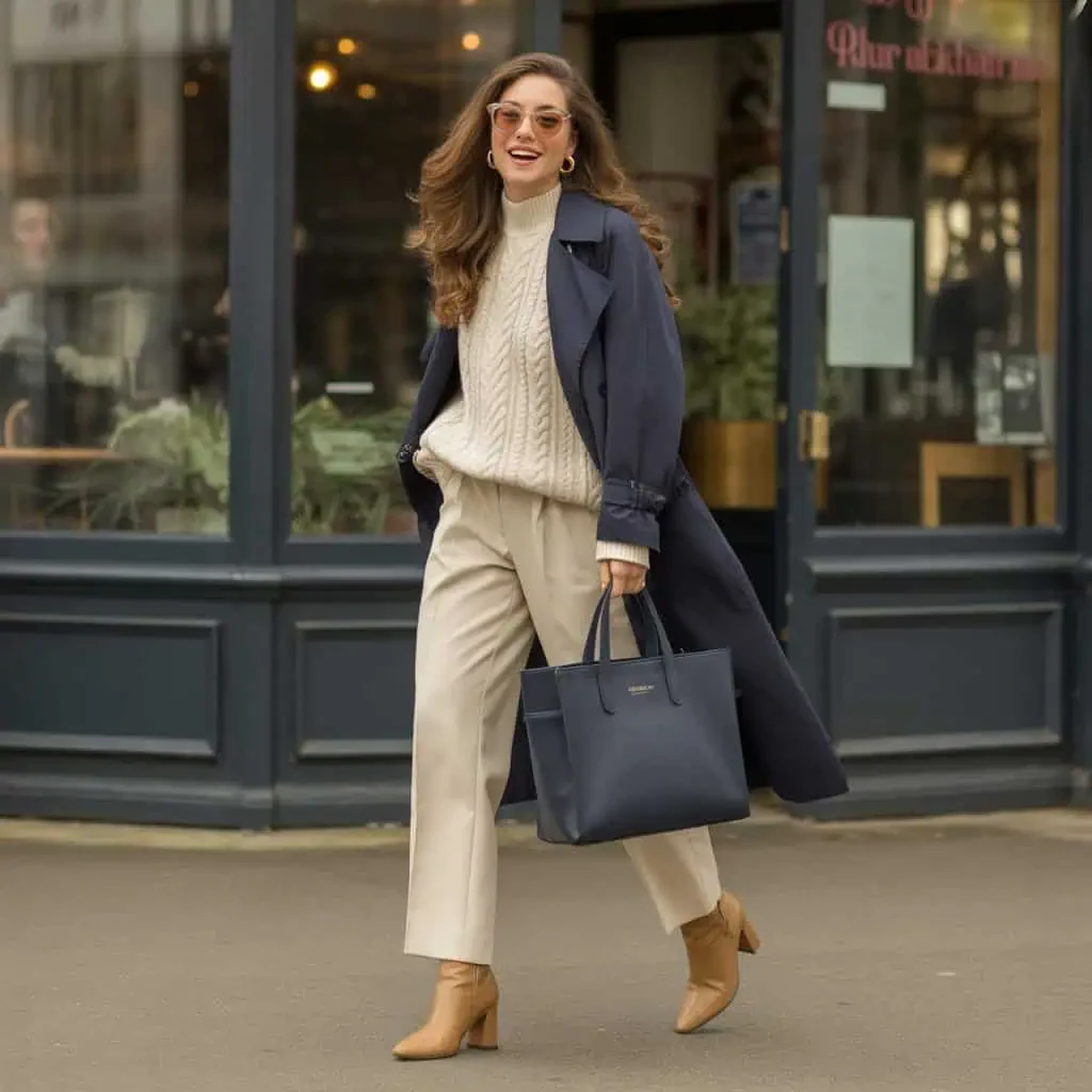 Navy Knit Sweater under a Cream Coat with Cream Trousers and Tan Ankle Boots