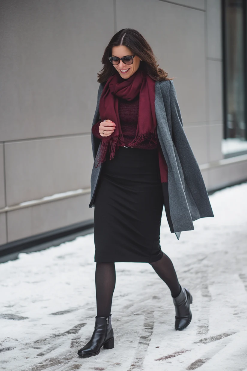 Burgundy Knit Sweater under a Grey Wool Coat with Black Midi Skirt and Black Ankle Boots