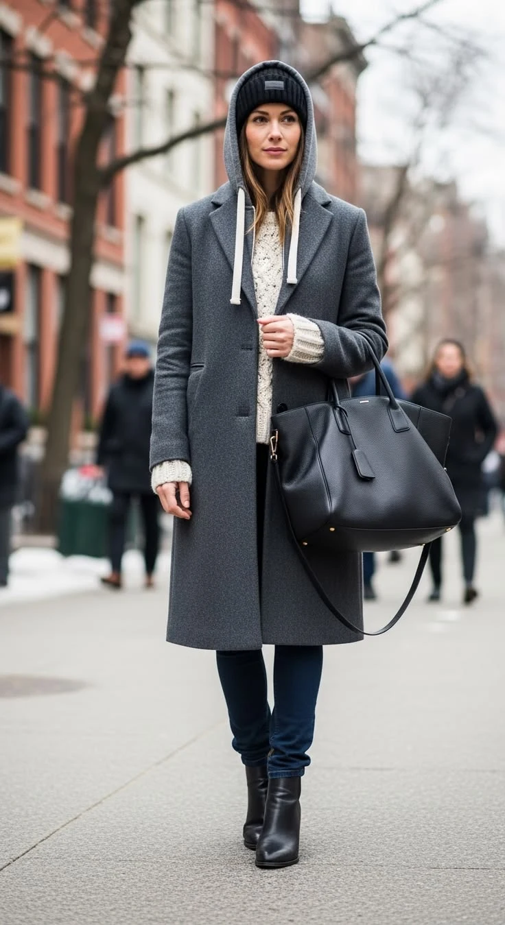 Black Knit Sweater under a Grey Wool Coat with Blue Jeans and Black Ankle Boots