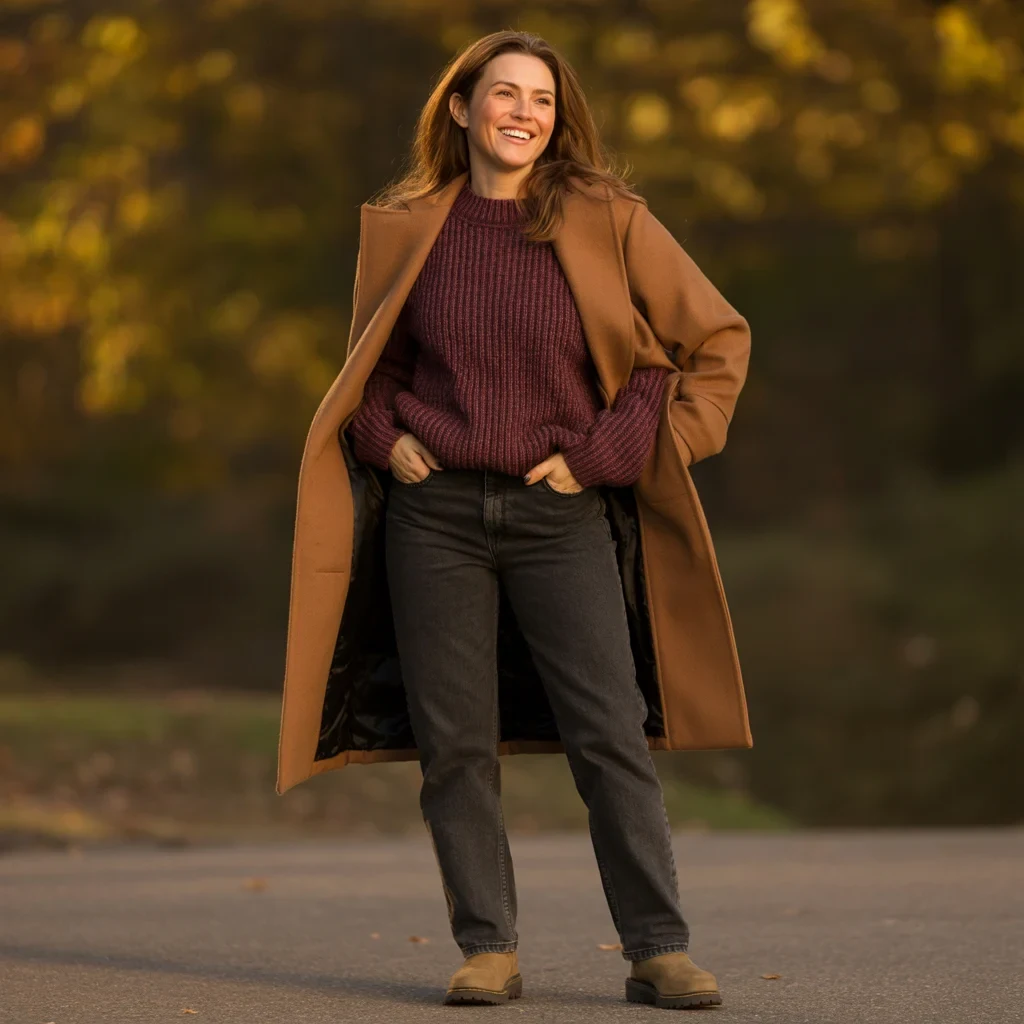 Burgundy Knit Sweater under a Camel Coat with Dark Jeans and Tan Ankle Boots
