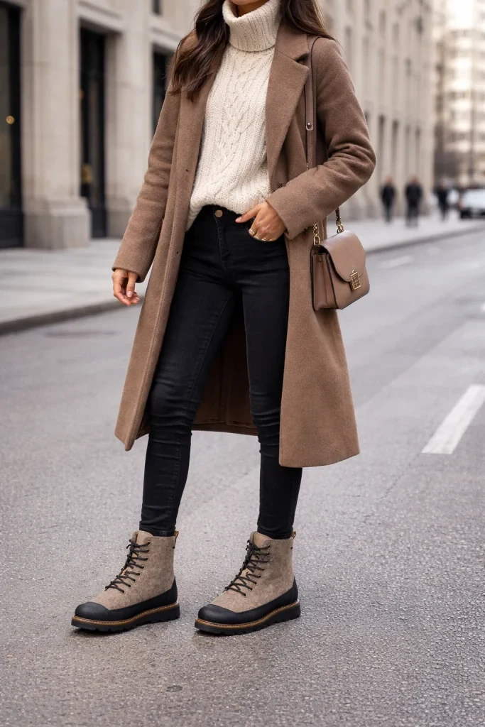Cream Knit Sweater under a Camel Coat with Black Trousers and Tan Ankle Boots