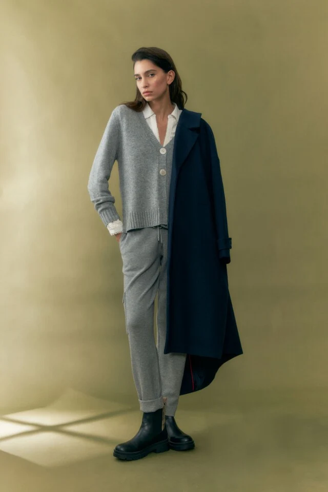 Grey Knit Sweater under a Navy Coat with Grey Wide-leg Trousers and Black Ankle Boots