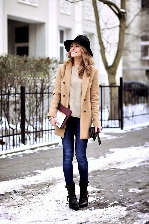 Cream Knit Sweater under a Camel Wool Coat with Dark Jeans and Black Ankle Boots