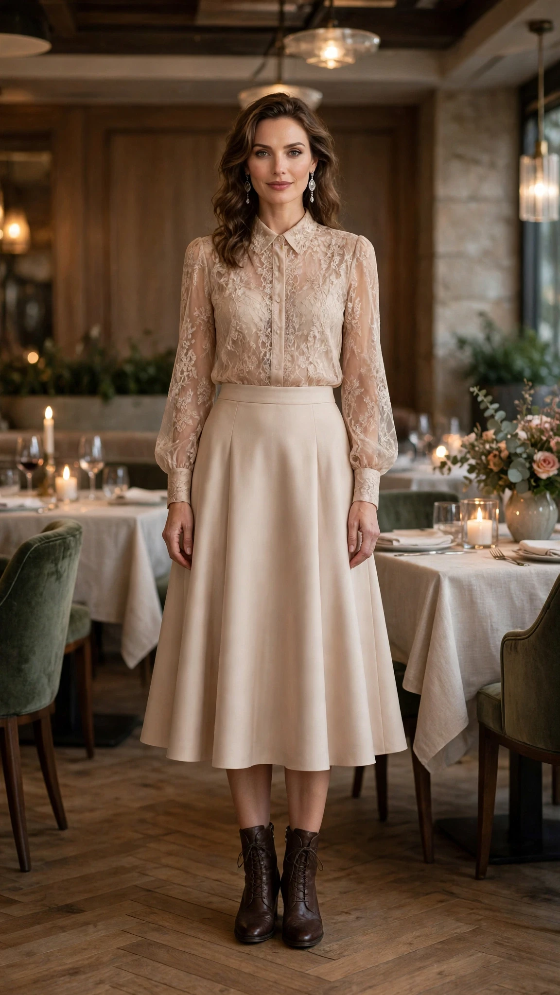 Champagne lace blouse and A-line skirt outfit with leather ankle boots and silver drop earrings