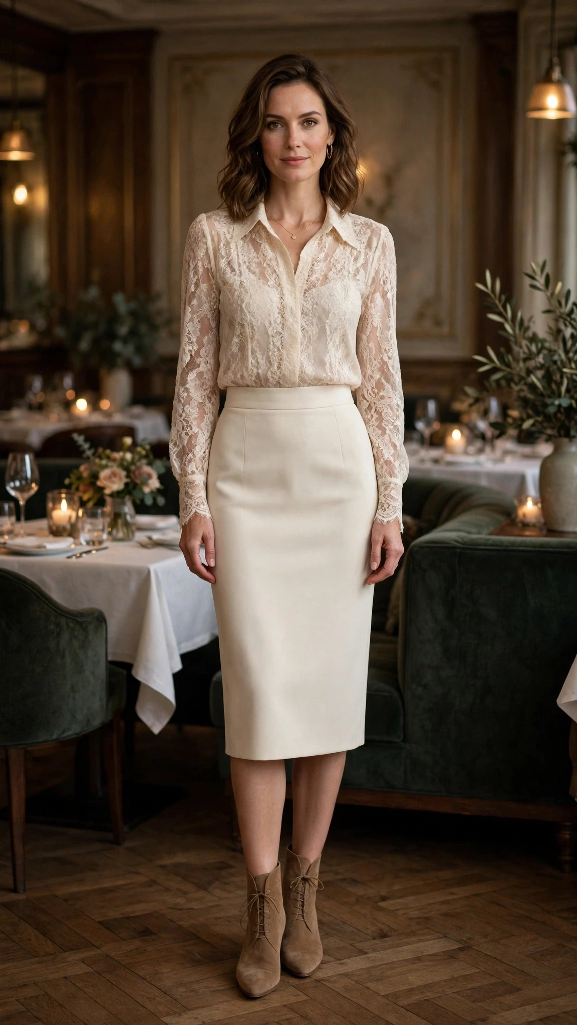 Cream lace blouse and pencil skirt outfit with suede ankle boots and a delicate gold necklace