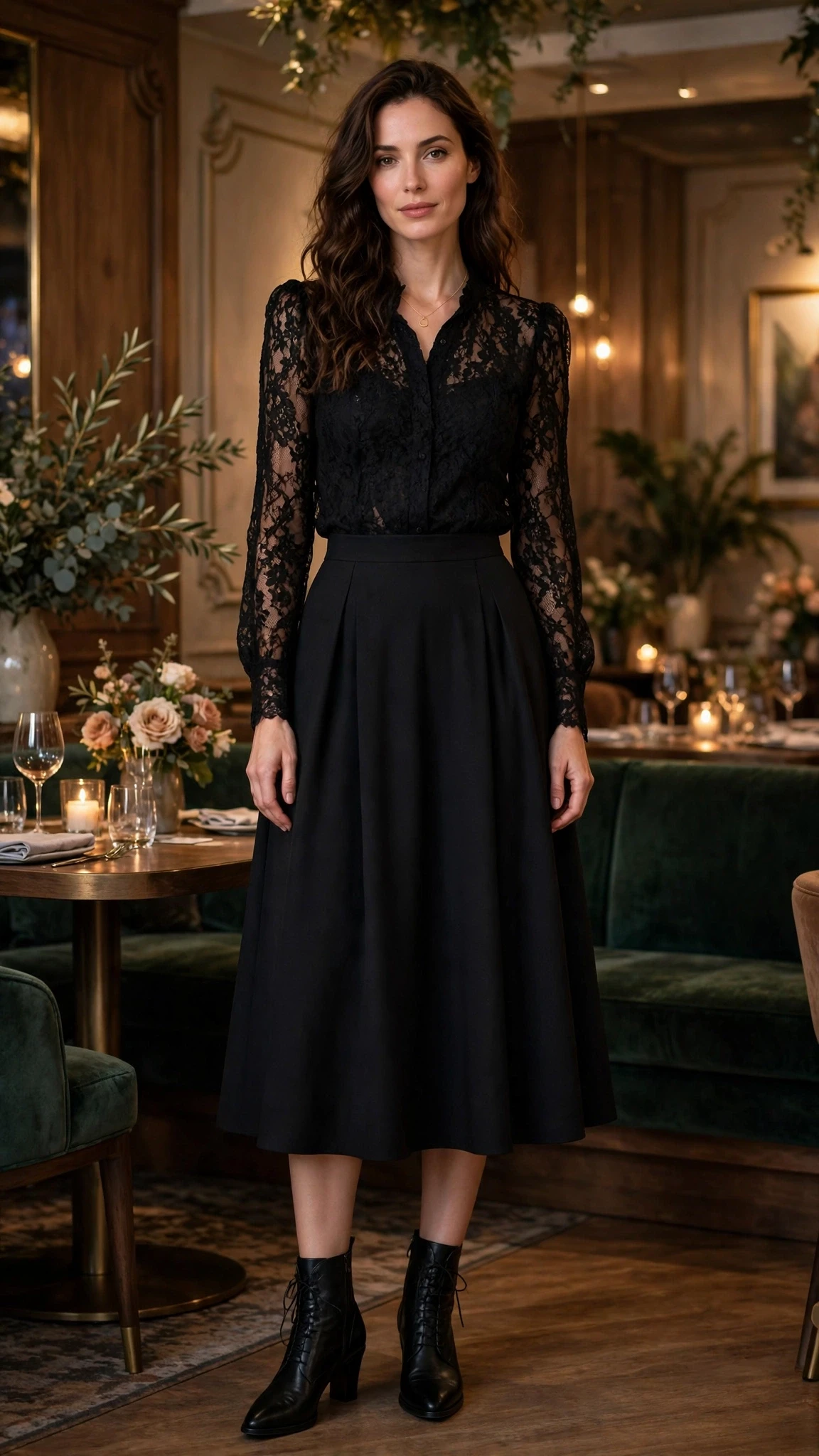 Black lace blouse and A-line skirt outfit with leather ankle boots and a delicate gold necklace