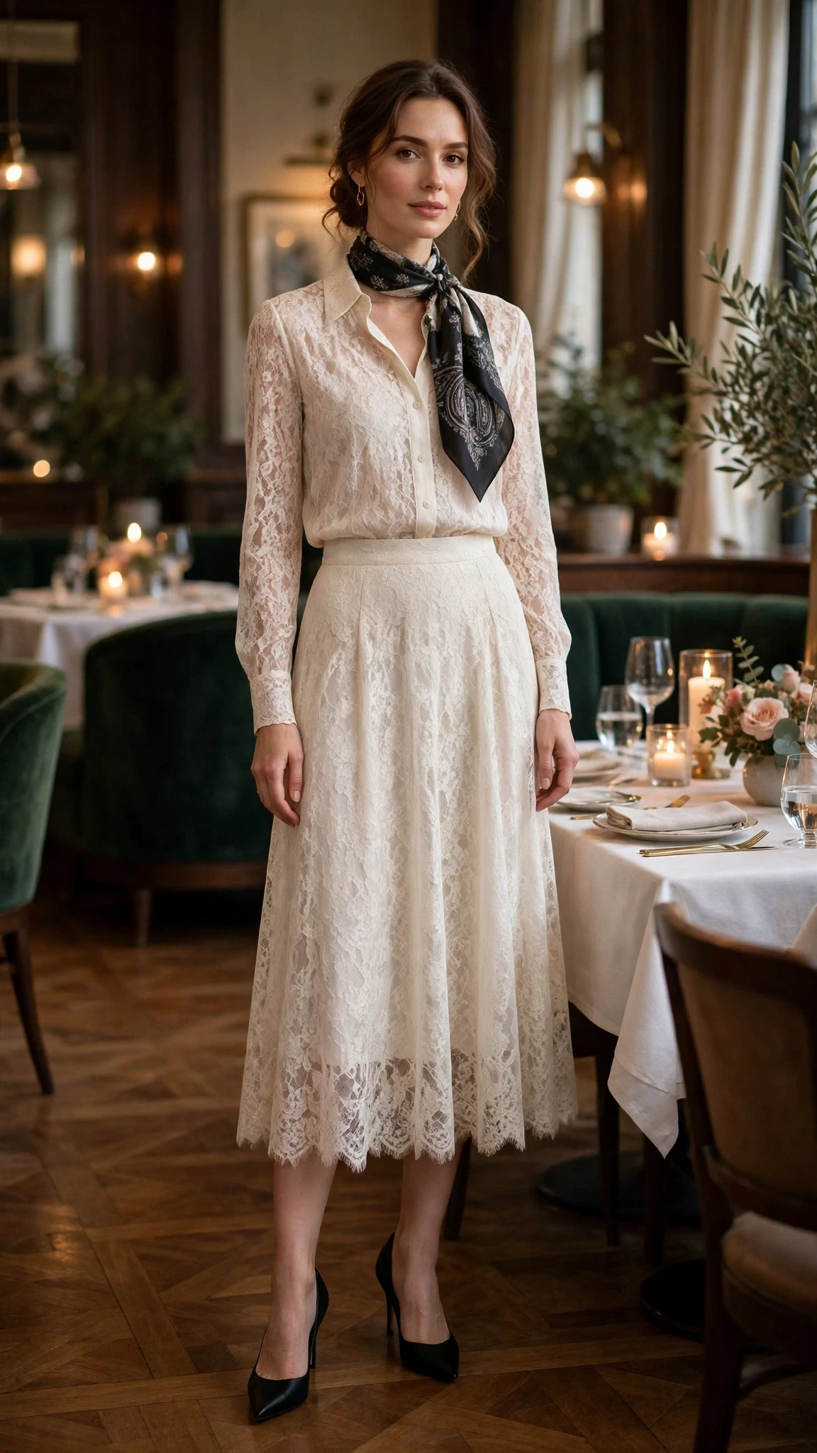 Ivory lace blouse and midi skirt outfit with black pointed heels and a silk scarf