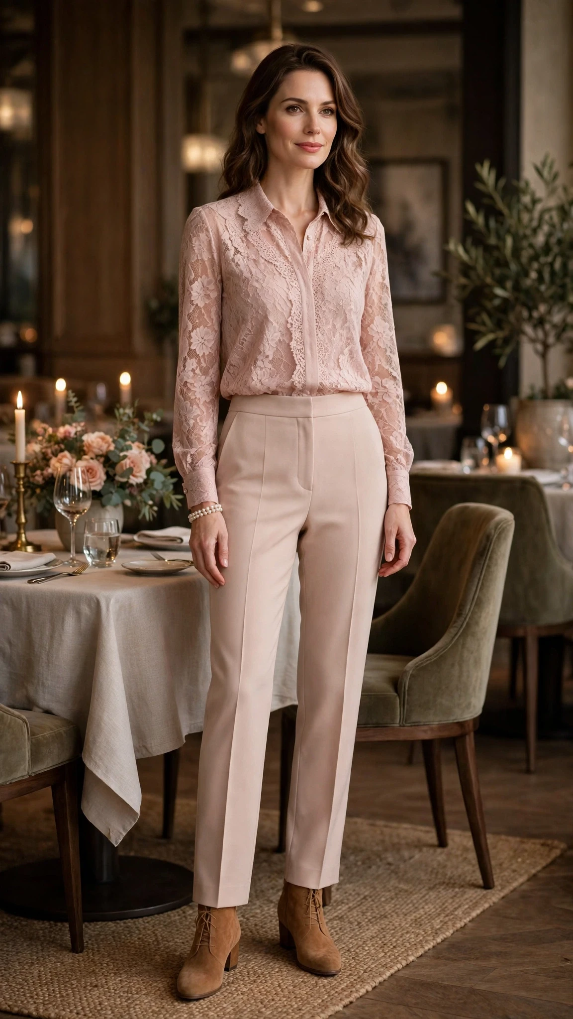 Blush lace blouse and straight trouser outfit with suede ankle boots and a pearl bracelet