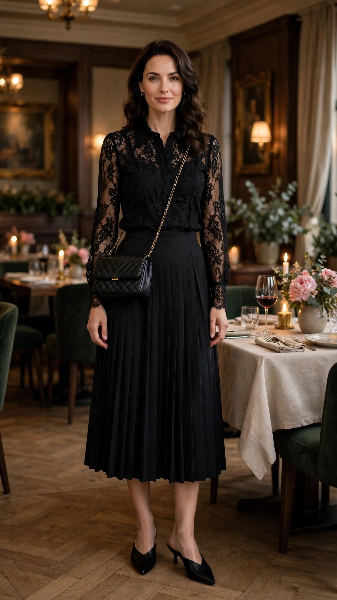Black lace blouse and midi skirt outfit with pointed mules and a chic crossbody bag