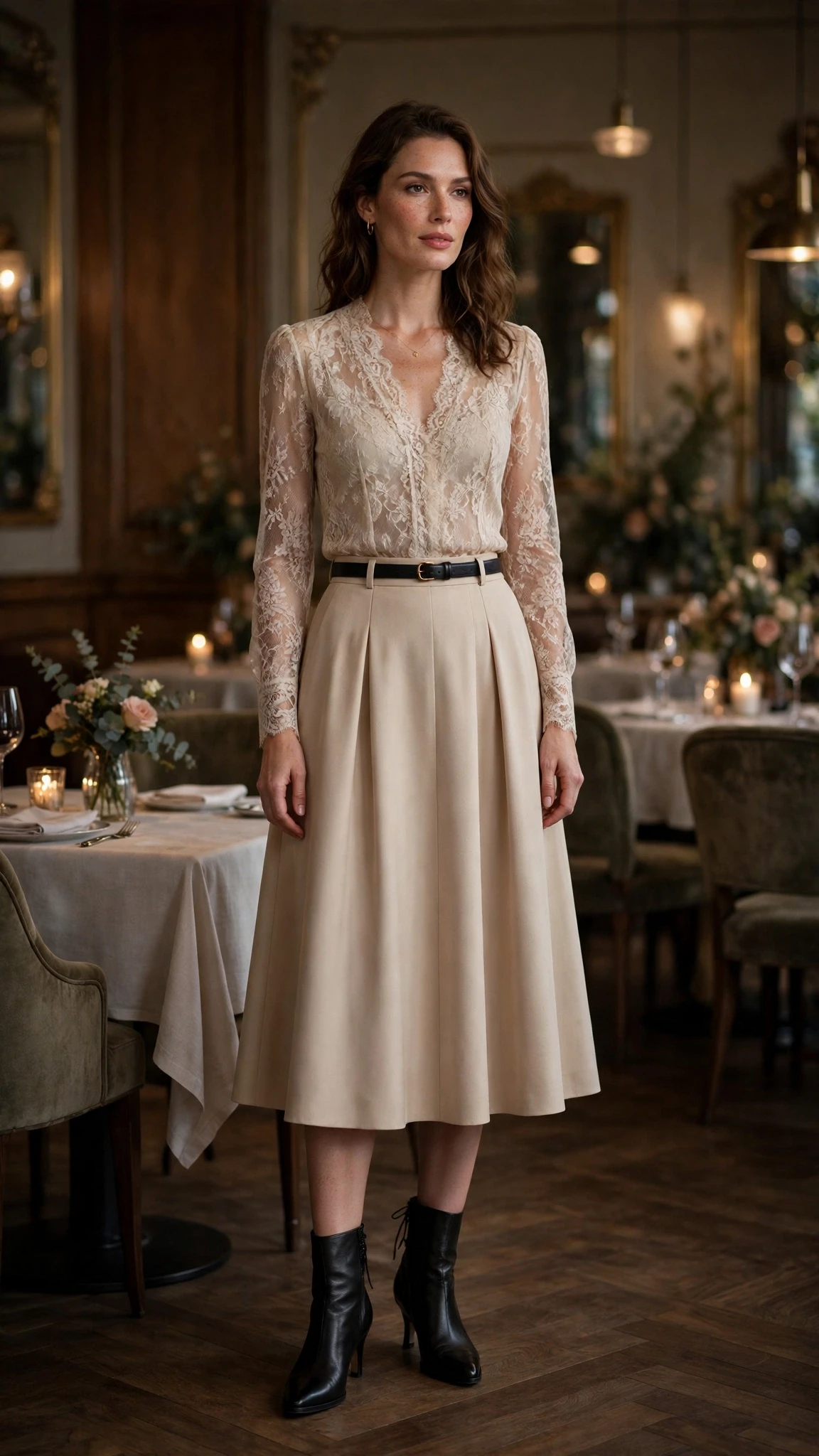 Champagne lace blouse and A-line skirt outfit with leather ankle boots and a slim leather belt