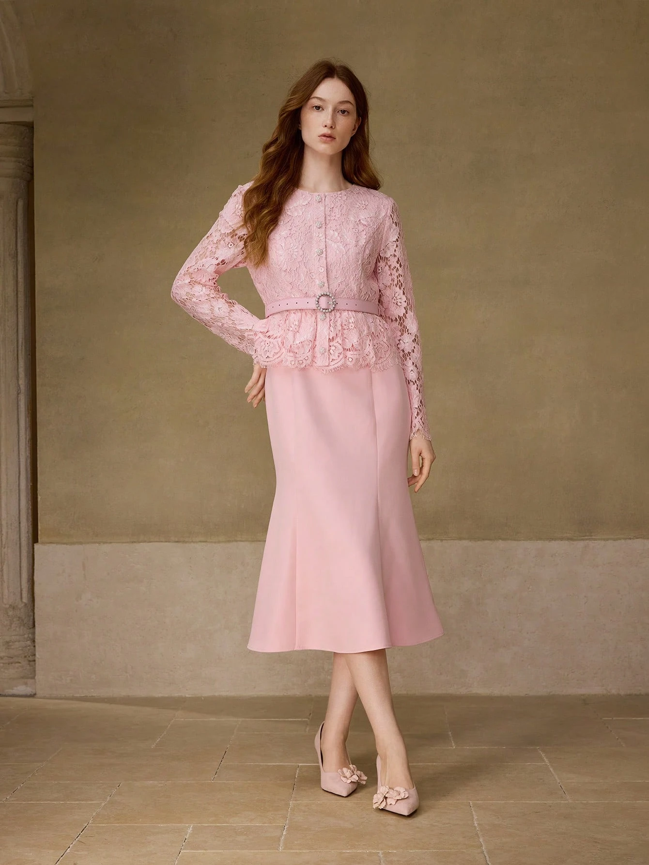 Blush lace blouse and skirt outfit with elegant pointed flats and a slim leather belt