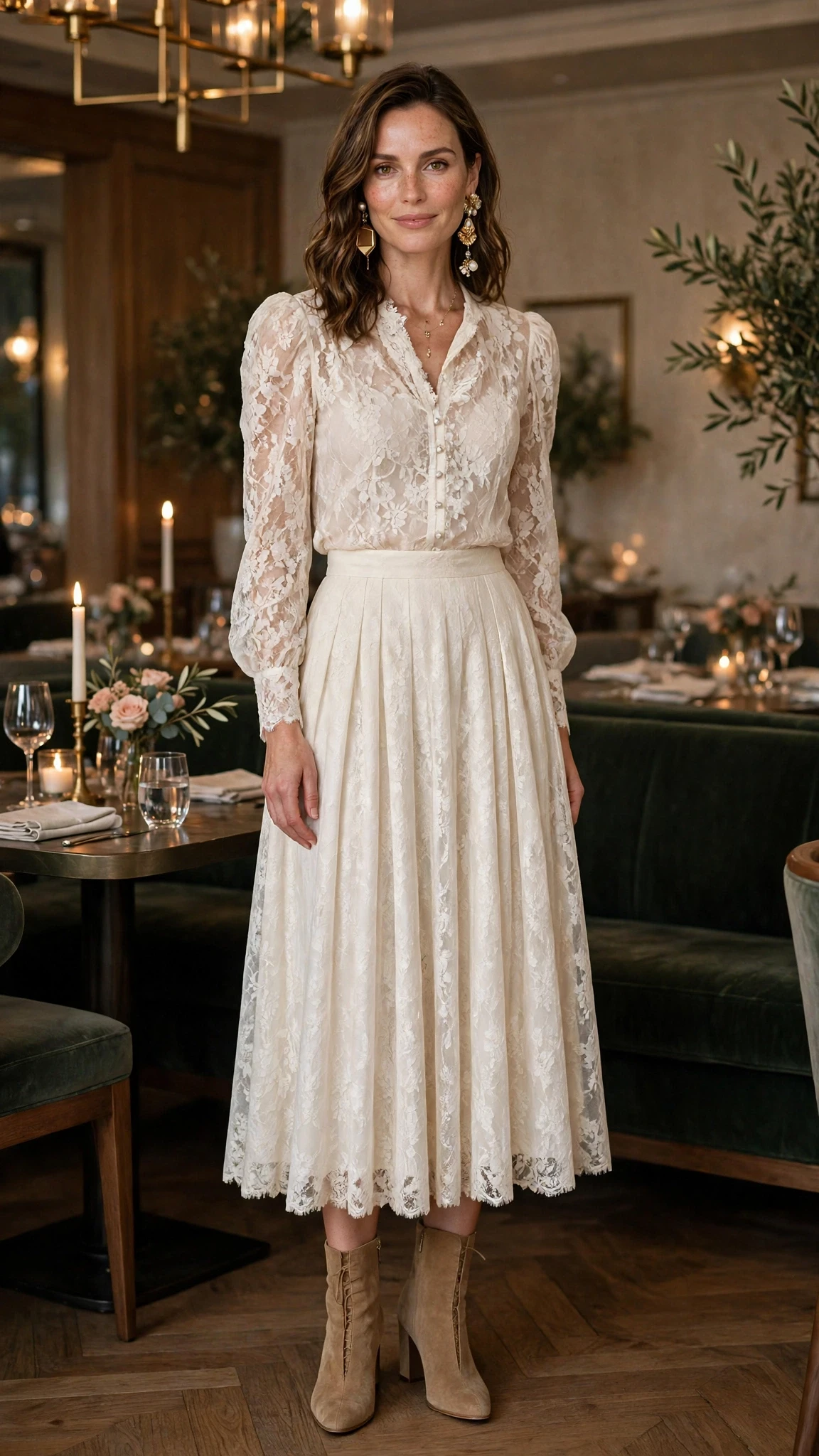 Ivory lace blouse and midi skirt outfit with suede ankle boots and statement earrings
