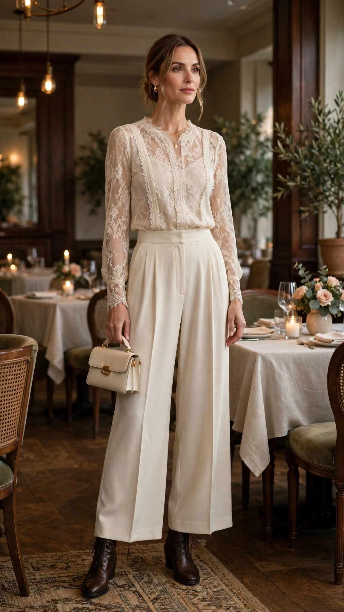 Cream lace blouse and wide-leg trouser outfit with leather ankle boots and a small structured clutch