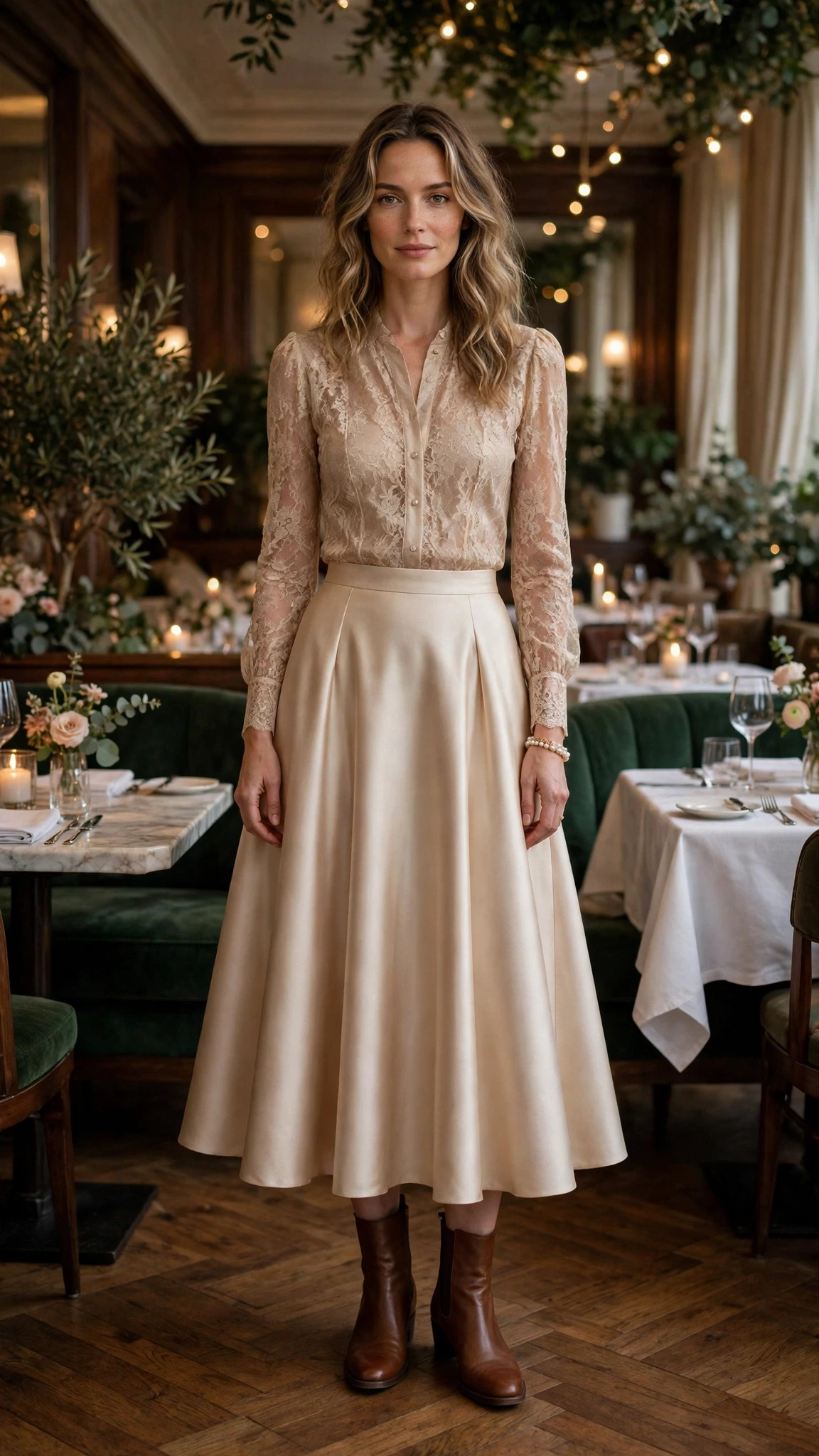 Champagne lace blouse and A-line skirt outfit with leather ankle boots and a pearl bracelet