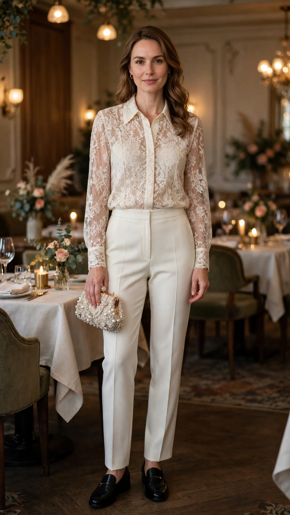 Ivory lace blouse and tailored trouser outfit with smart loafers and a beaded clutch