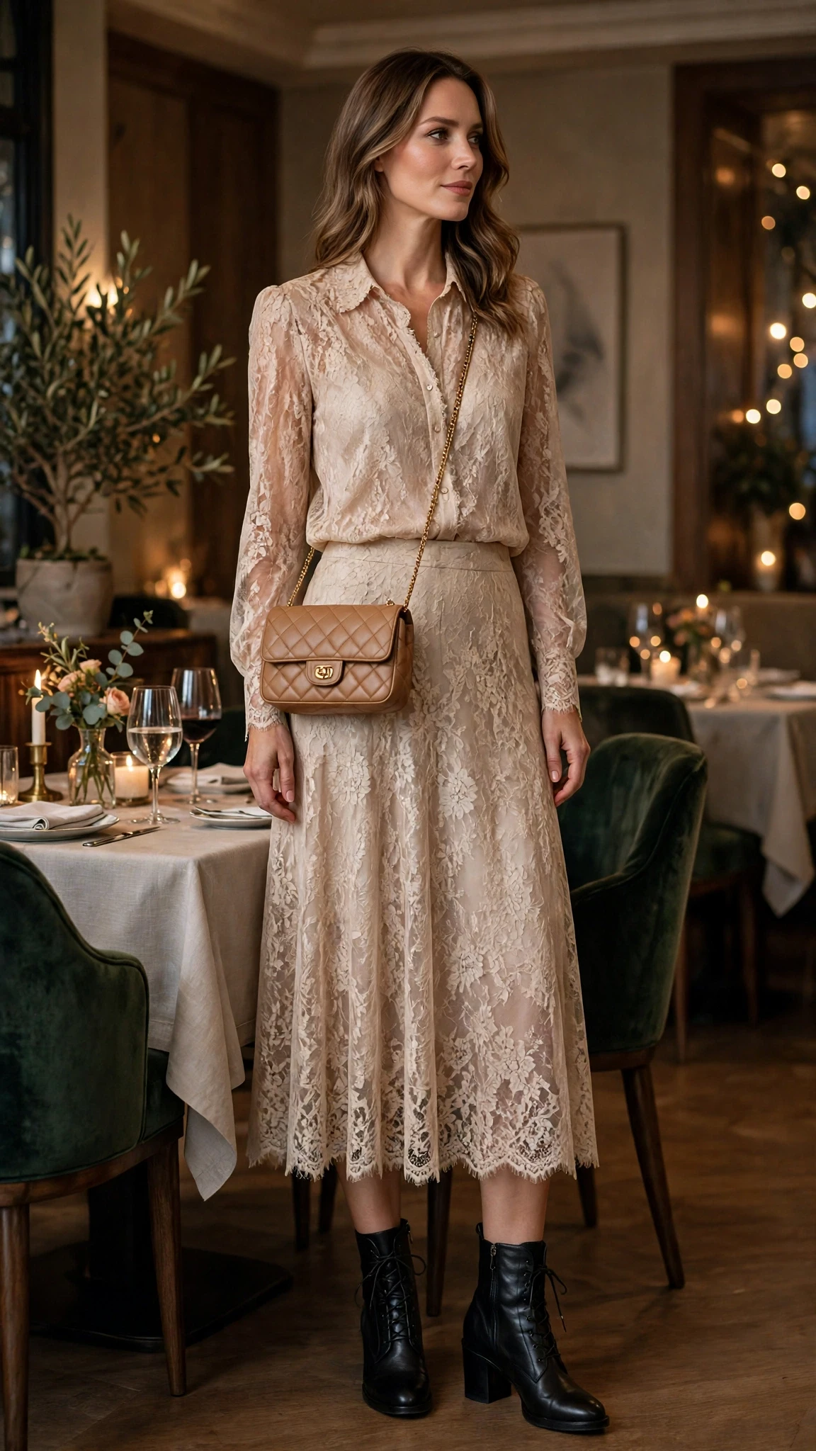 Champagne lace blouse and skirt outfit with leather ankle boots and a chic crossbody bag