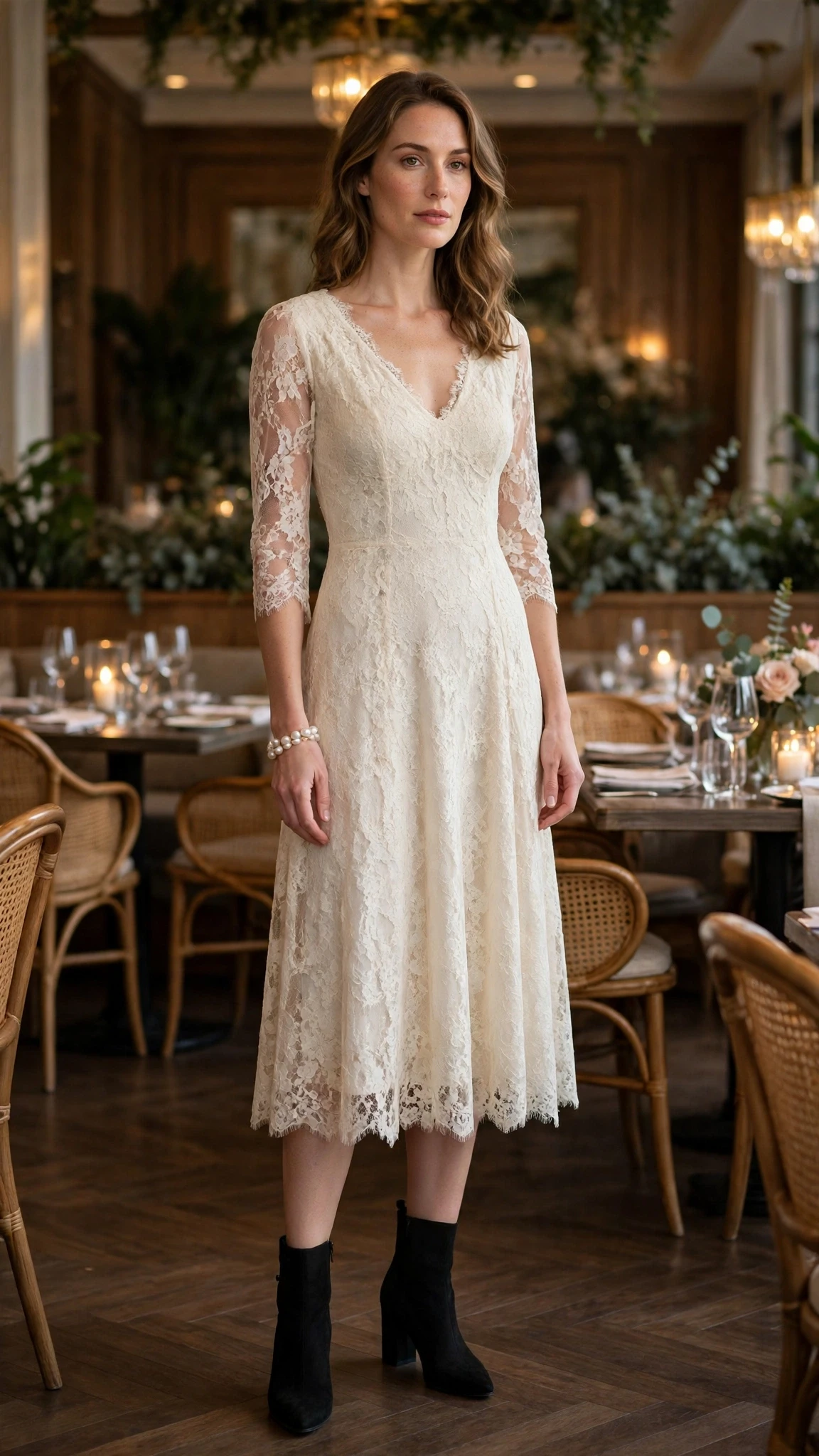 Cream lace V-neck dress with block-heel ankle boots and a pearl bracelet