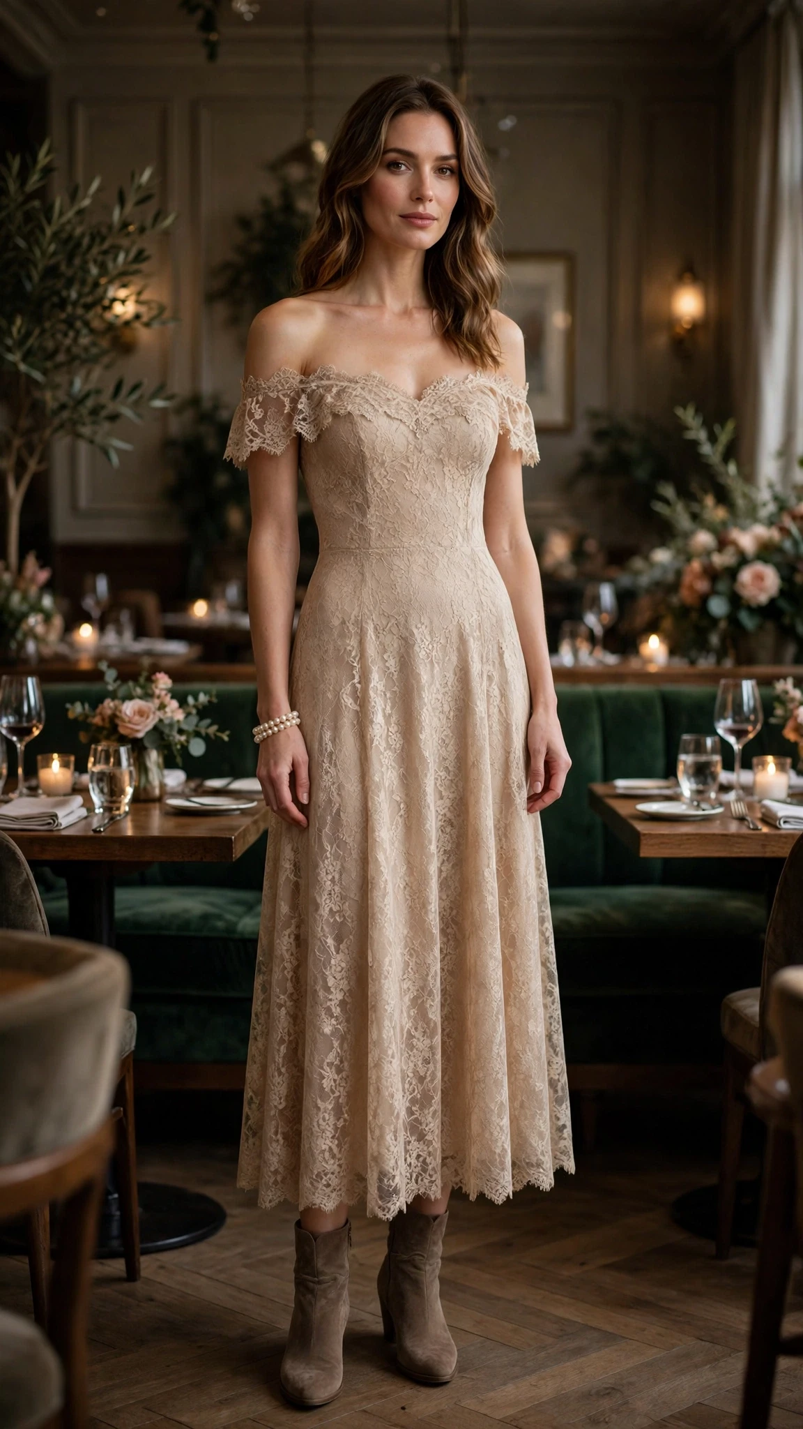 Champagne lace off-shoulder dress with suede ankle boots and a pearl bracelet