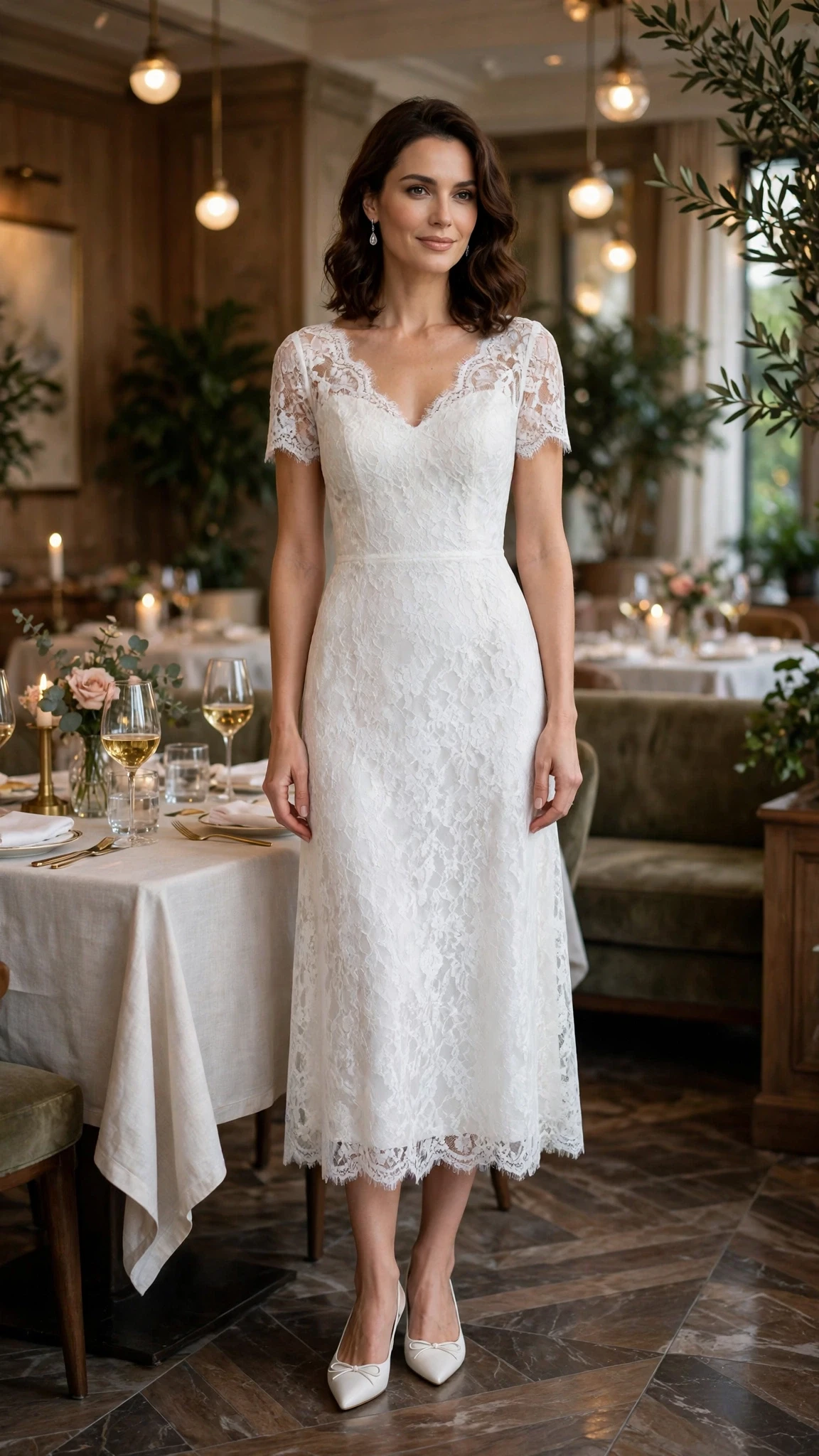 White lace midi wedding guest dress with elegant pointed flats and silver drop earrings