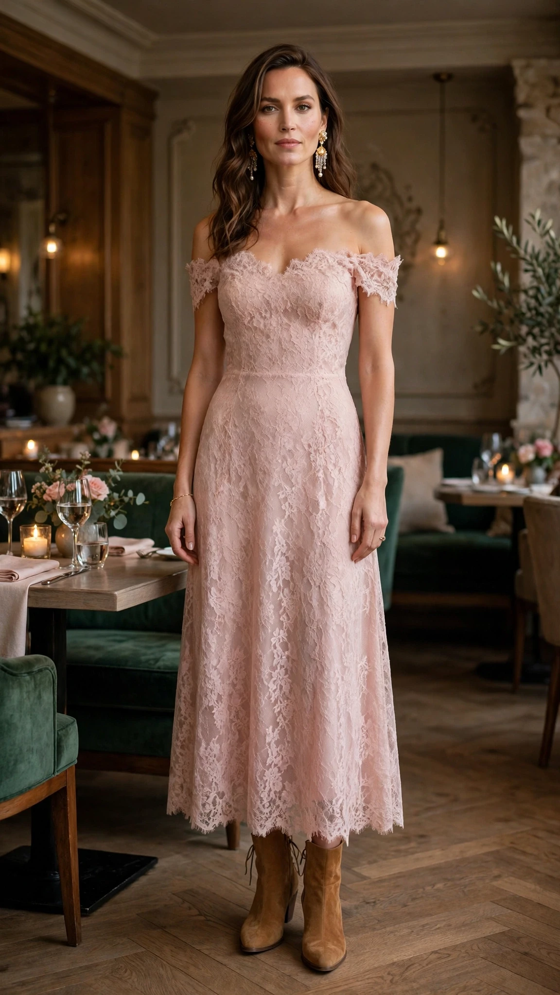 Blush lace off-shoulder dress with suede ankle boots and statement earrings