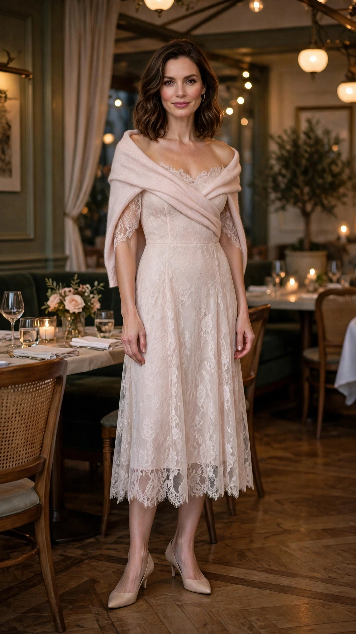 Soft lace off-shoulder dress with kitten heels and a cashmere wrap