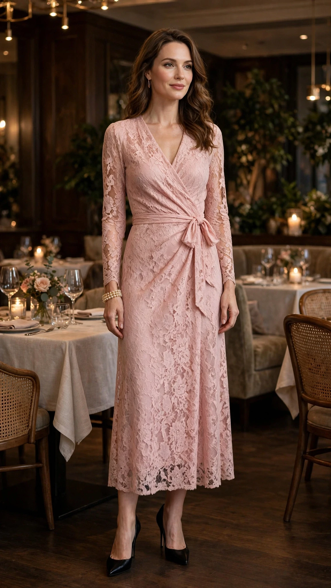 Blush lace wrap dress with black pointed heels and a pearl bracelet