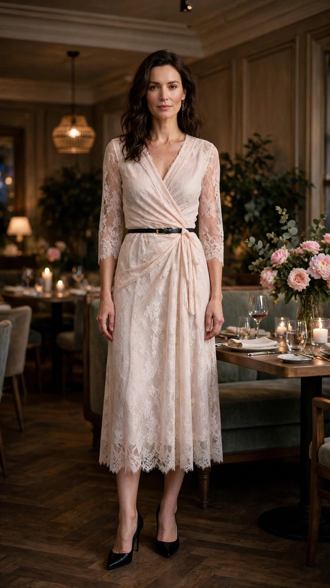 Soft lace wrap dress with black pointed heels and a slim leather belt