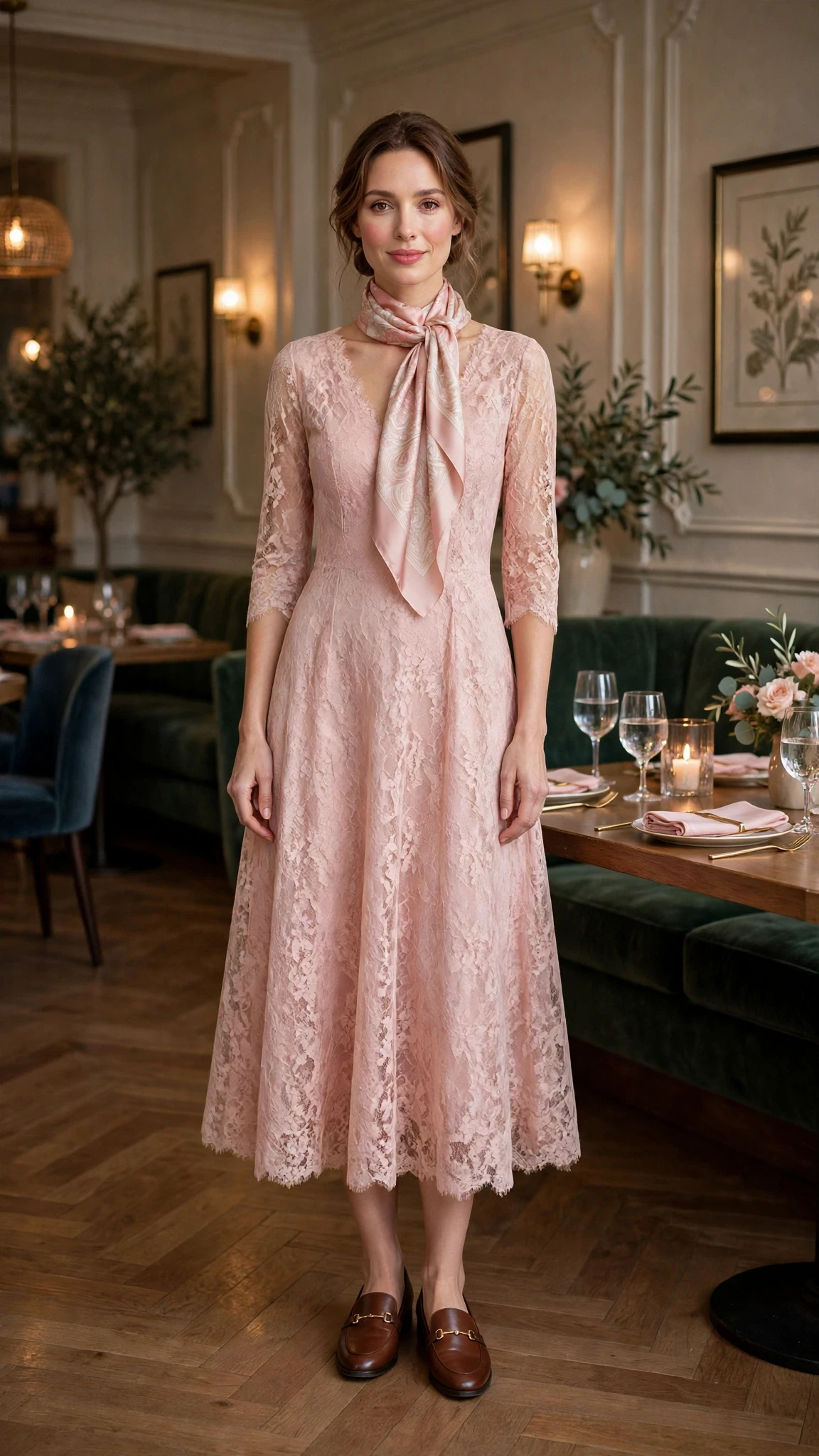 Blush lace A-line dress with smart loafers and a silk scarf