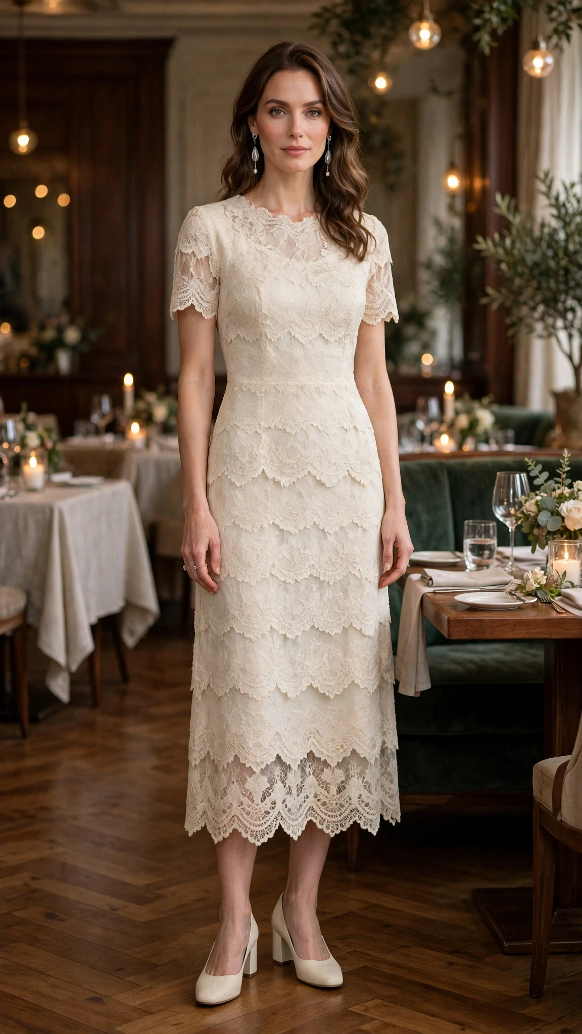 Cream lace scalloped dress with comfortable block heels and silver drop earrings