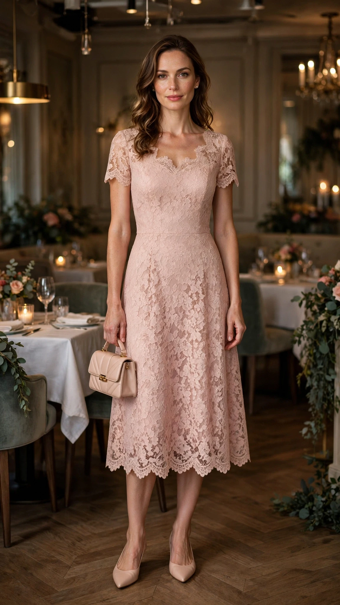 Blush lace scalloped dress with elegant pointed flats and a small structured clutch