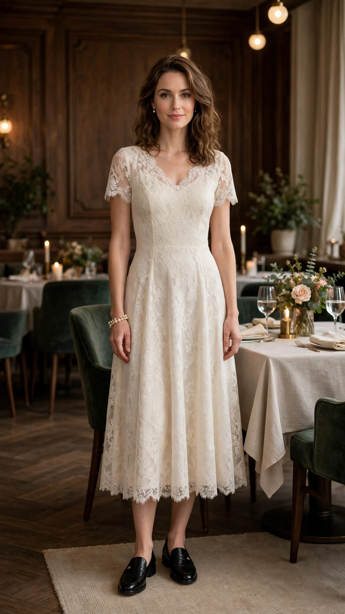 Cream lace midi wedding guest dress with smart loafers and a pearl bracelet