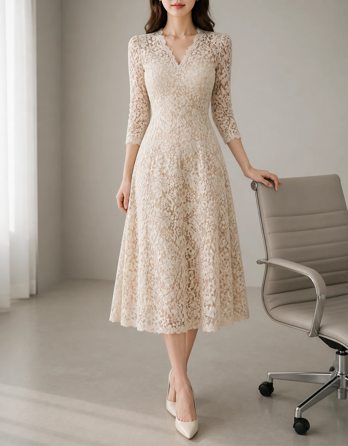 Cream lace V-neck dress with low-heeled pumps and a small structured clutch