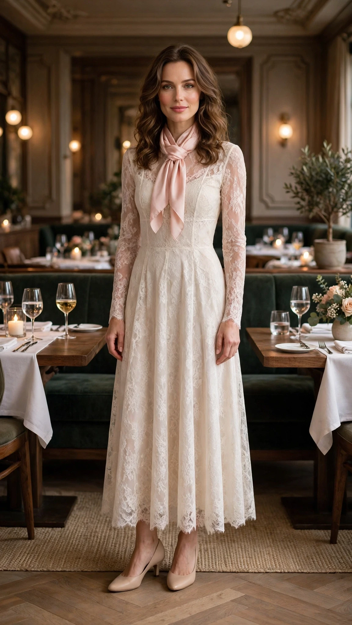 Soft lace long-sleeve dress with low-heeled pumps and a silk scarf
