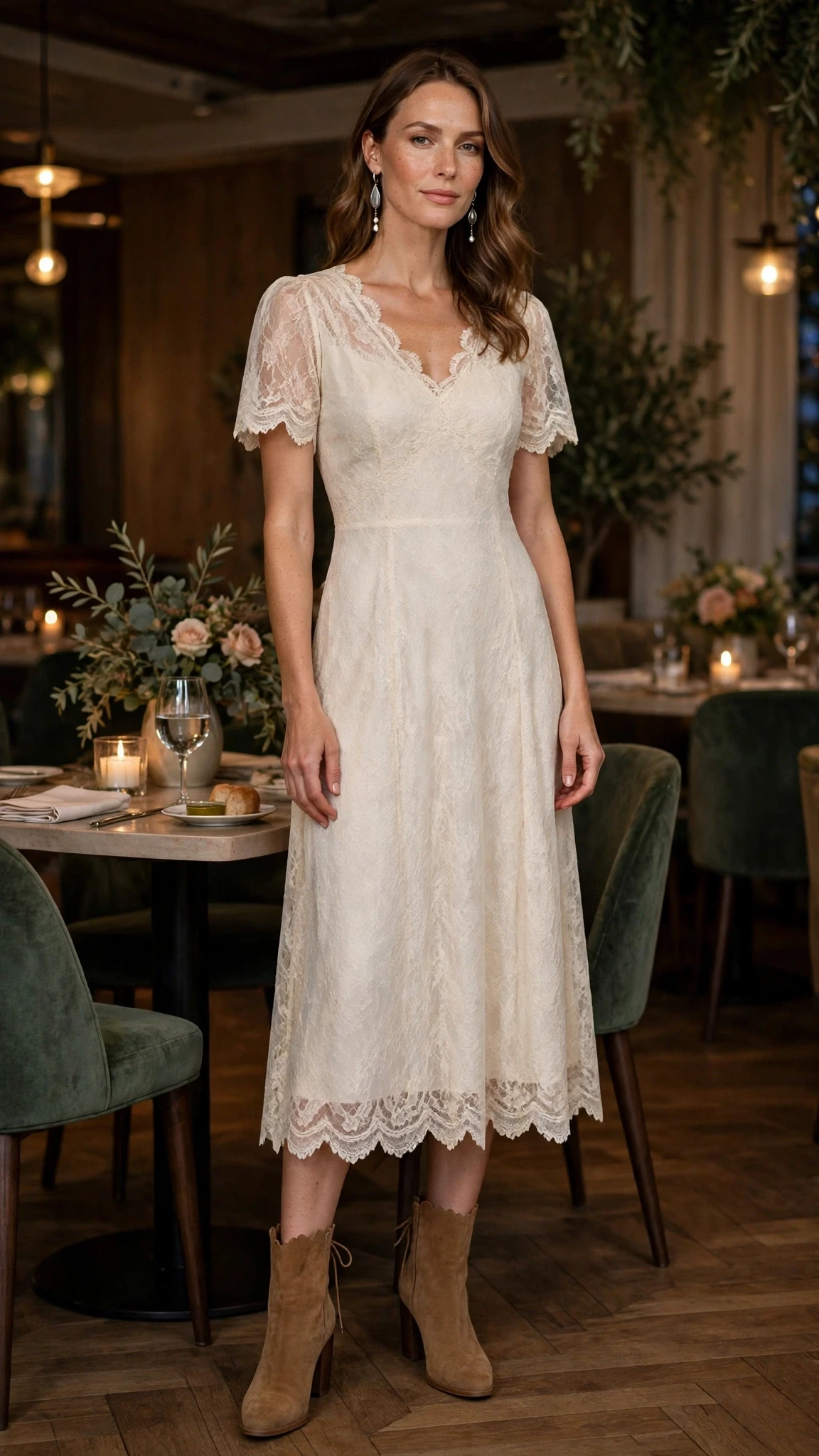 Soft lace scalloped dress with suede ankle boots and silver drop earrings