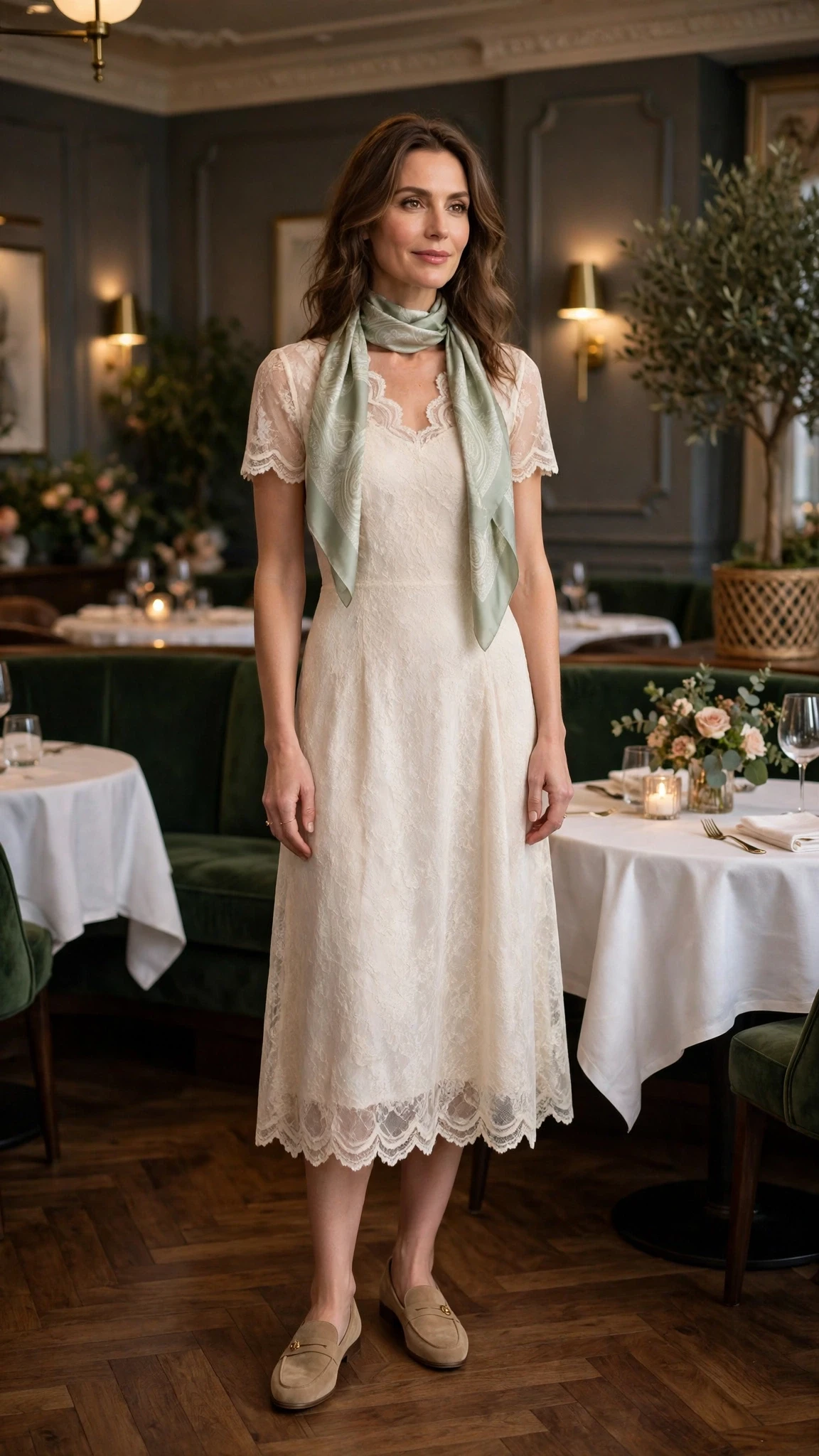 Soft lace scalloped dress with smart loafers and a silk scarf