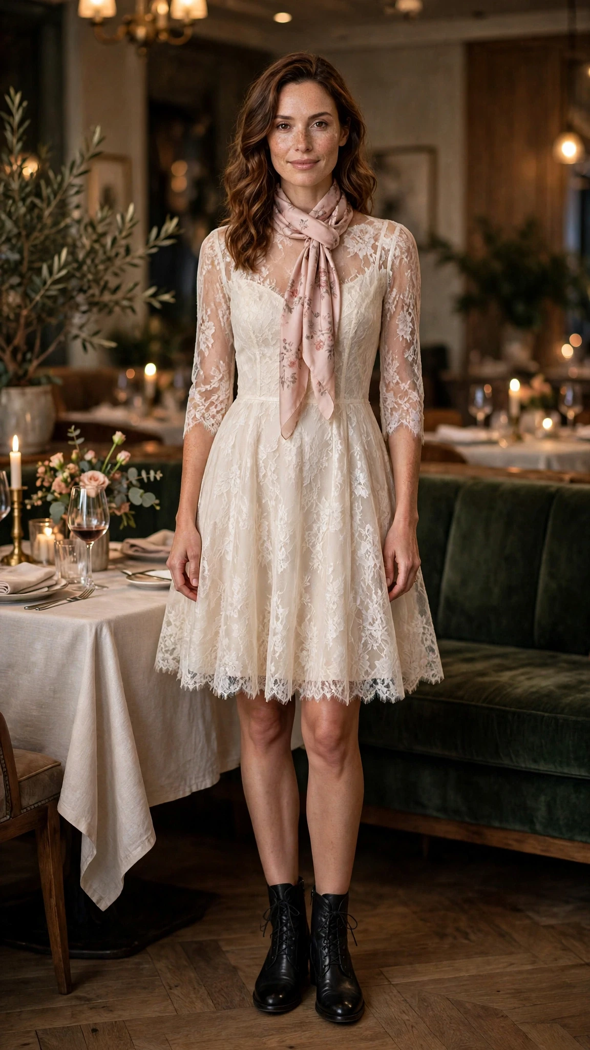 Soft lace fit-and-flare dress with leather ankle boots and a silk scarf