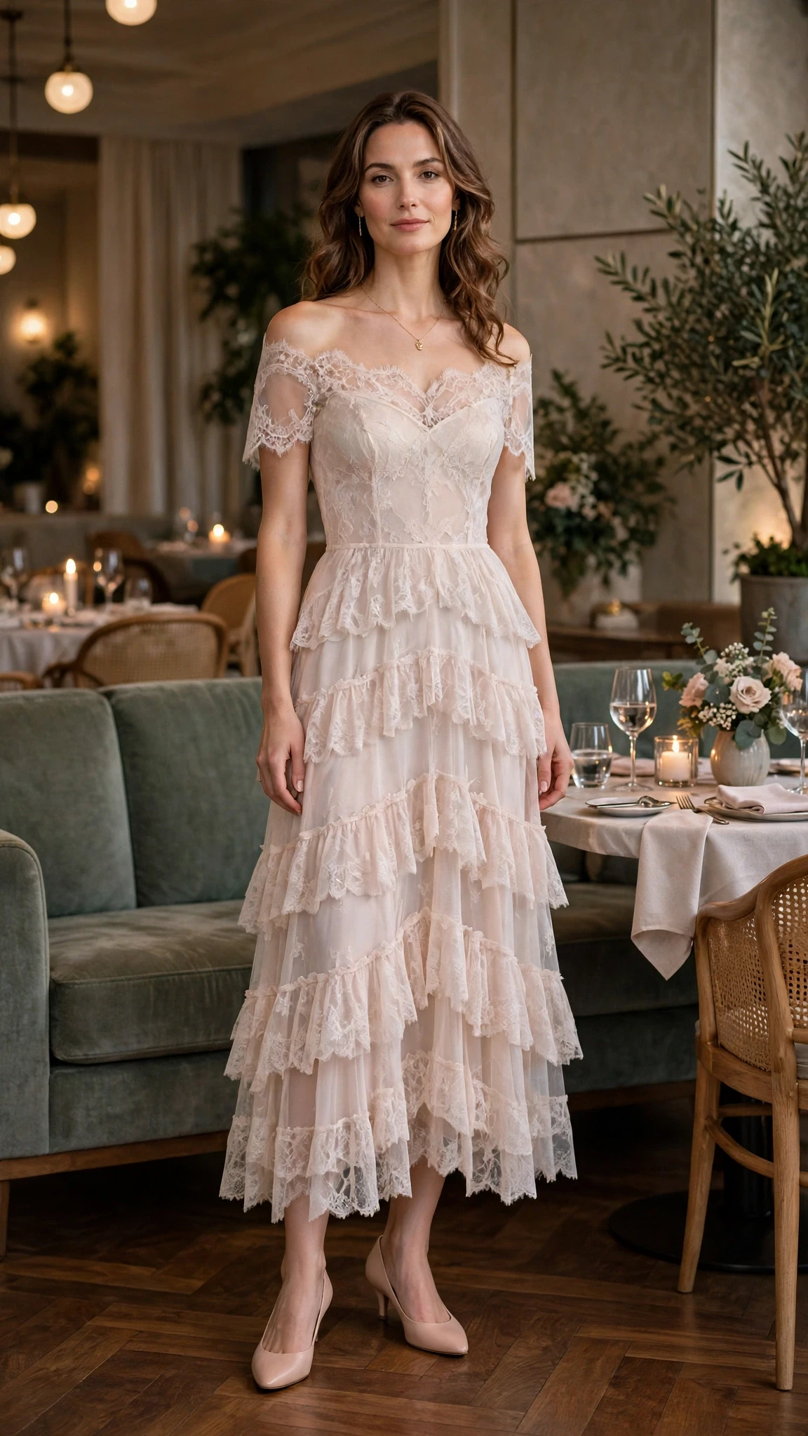 Soft lace tiered dress with low-heeled pumps and a delicate gold necklace